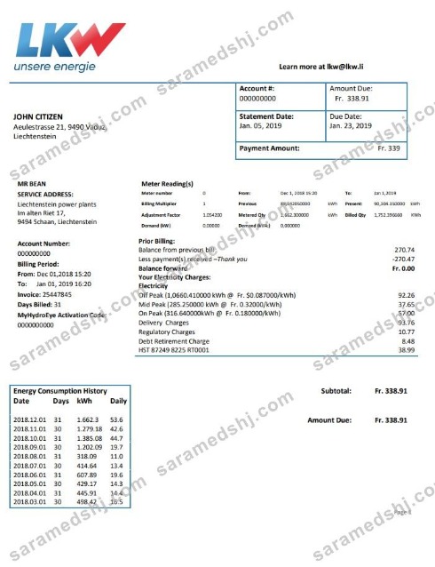 Liechtenstein Ische Kraftwerke (LKW) electricity utility bill template in Word and PDF format